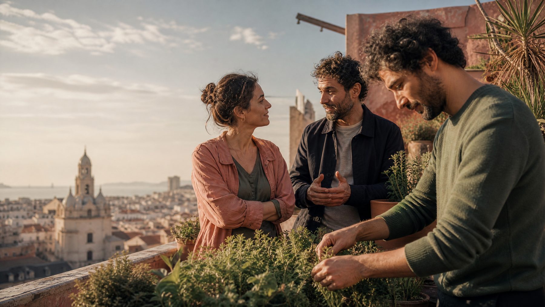 Personas conversando en un jardín urbano